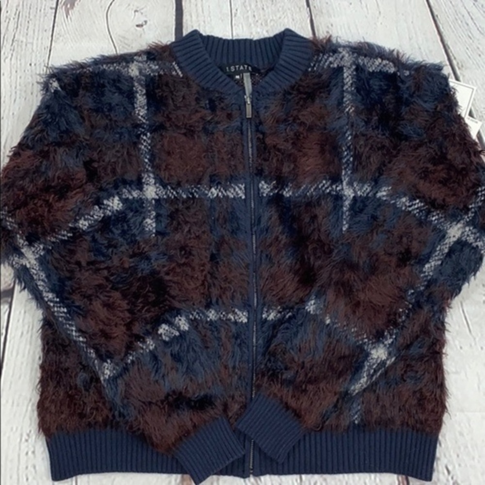 NWT 1.State plaid feather sweater bomber jacket full zipper medium